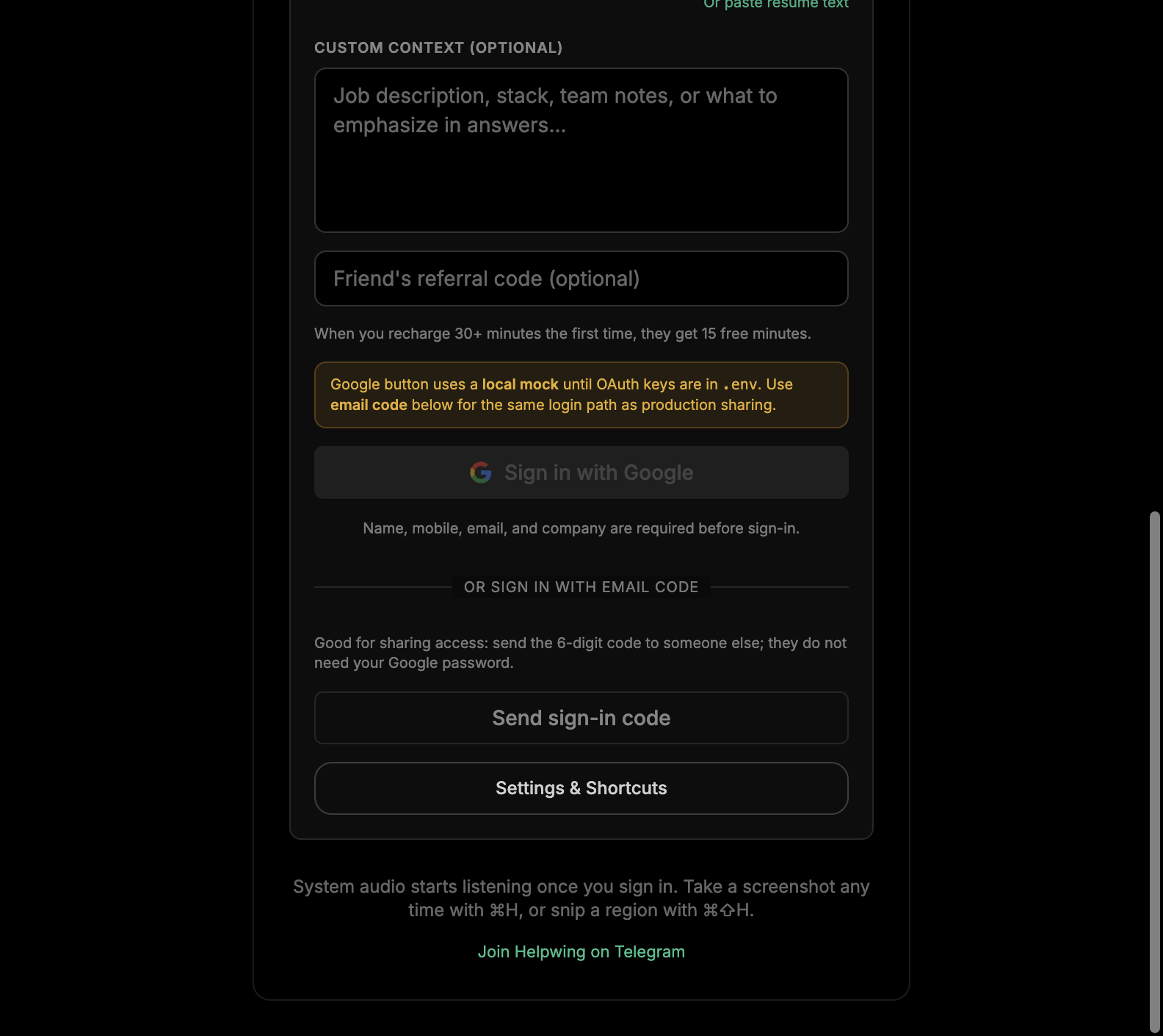 Helpwing welcome sign-in form with Google, tune fields, and optional referral code